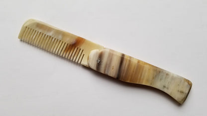 Folding Yak Horn Comb — brown and white natural horn, vintage silhouette, silver pivot pin