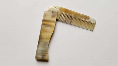 Folding Yak Horn Comb — natural brown and white horn finish, handcrafted gift for him