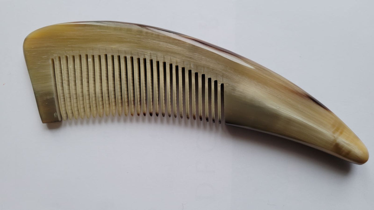 Curved handle yak horn comb, pale golden-olive translucent horn, fine 0.12 cm teeth for all hair types and beard grooming