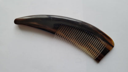 Curved handle yak horn fine tooth comb for men, deep amber-brown natural horn, gentleman's beard and hair grooming tool