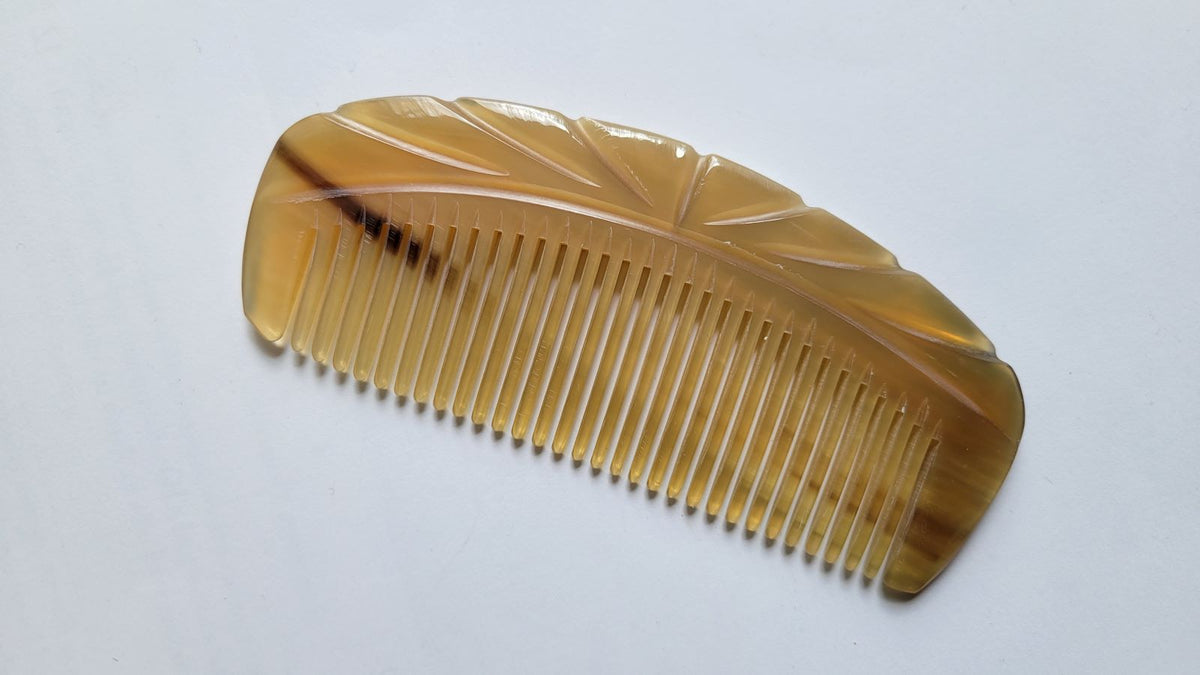Natural yak horn fine tooth comb with comfortable grip spine, distributes hair oils, anti-static for fine hair and beard grooming